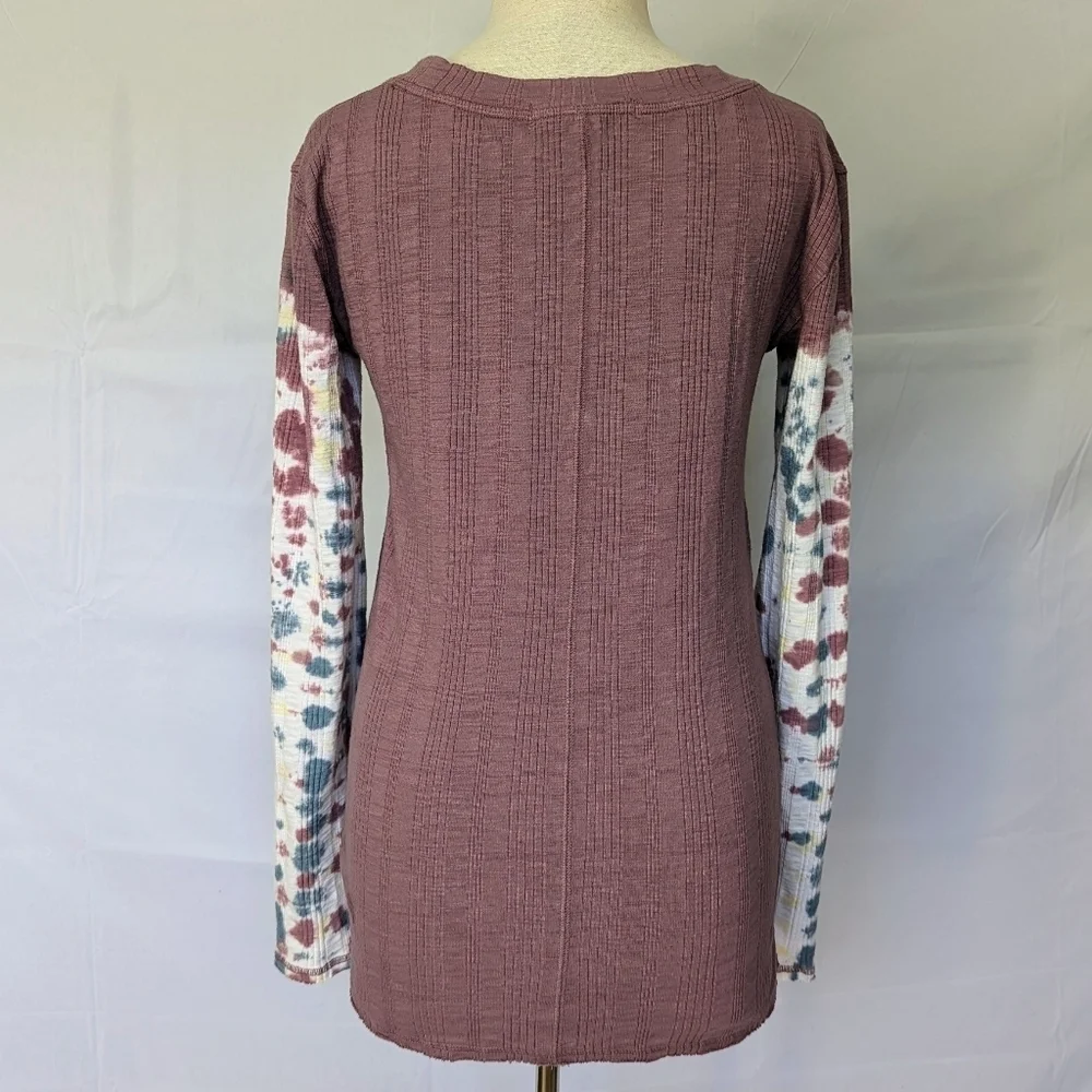 Free People Big Sur Top Long Tie Dyed Sleeves Scoop Neck Ribbed Knit Mauve L EUC
